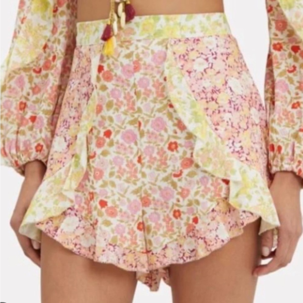Zimmermann GOLDIE RUFFLED FLORAL-PRINT LINEN SHORTS IN SPLICED